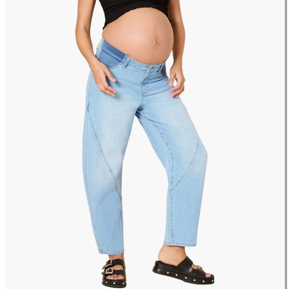 Motherhood Light Blue Maternity Barrel  Jeans Low Waist Panels Size Large